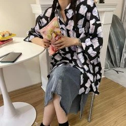 Apparel Kawaii Purple Bear Print Short-Sleeve Shirt