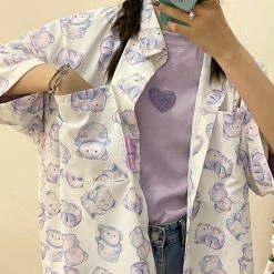 Apparel Kawaii Purple Bear Print Short-Sleeve Shirt