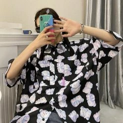 Apparel Kawaii Purple Bear Print Short-Sleeve Shirt