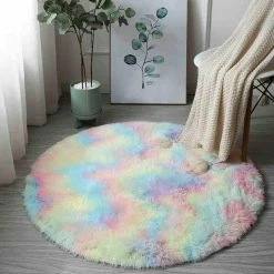 Home Decor Kawaii Soft Faux Fur Round Rainbow Rug