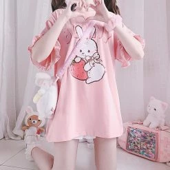 Apparel Kawaii Strawberry Bunny Print Ruffles Short Sleeve Tee Top