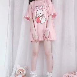 Apparel Kawaii Strawberry Bunny Print Ruffles Short Sleeve Tee Top