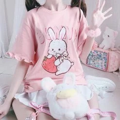 Apparel Kawaii Strawberry Bunny Print Ruffles Short Sleeve Tee Top