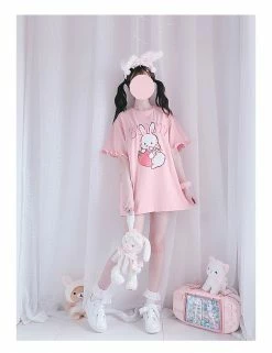 Apparel Kawaii Strawberry Bunny Print Ruffles Short Sleeve Tee Top