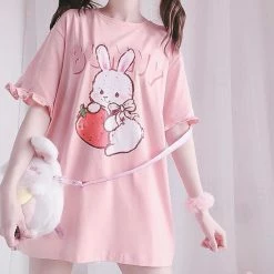 Apparel Kawaii Strawberry Bunny Print Ruffles Short Sleeve Tee Top