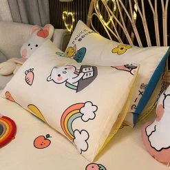 Home Decor Little Girl & White Bear Rainbow Cotton Fitted Bedsheet Home & Pets