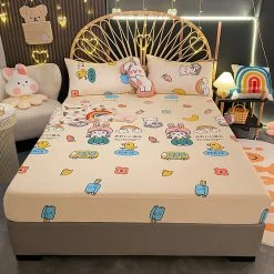Home Decor Little Girl & White Bear Rainbow Cotton Fitted Bedsheet Home & Pets