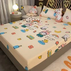 Home Decor Little Girl & White Bear Rainbow Cotton Fitted Bedsheet Home & Pets