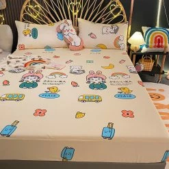 Home Decor Little Girl & White Bear Rainbow Cotton Fitted Bedsheet Home & Pets