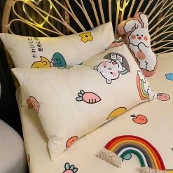 Home Decor Little Girl & White Bear Rainbow Cotton Fitted Bedsheet Home & Pets
