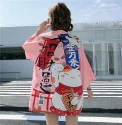 Apparel Japanese Lucky Cat Lightweight Kimono Top