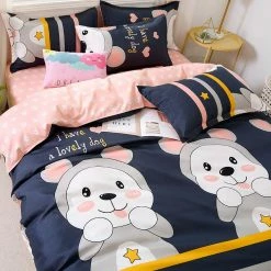 Home Decor Navy Blue & Pink Puppy Print Bedding Set