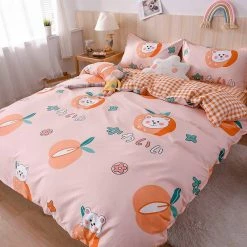 Home Decor Peach Pink Checkered Bear Print Bedding Set