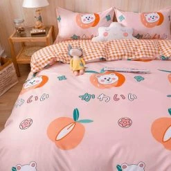 Home Decor Peach Pink Checkered Bear Print Bedding Set
