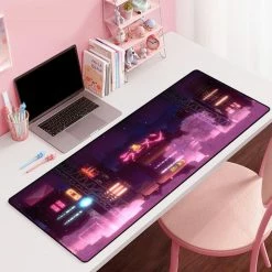 Accessories Pink Japanese Streets With Neon Lights Mouse Pad
