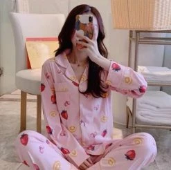 Apparel Pink Kawaii Strawberry & Lemon Pajama Set