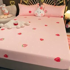 Home Decor Pink Strawberry Polka Dots Cotton Fitted Bedsheet