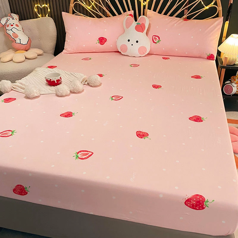 Home Decor Pink Strawberry Polka Dots Cotton Fitted Bedsheet 3 Home Decor Pink Strawberry Polka Dots Cotton Fitted Bedsheet