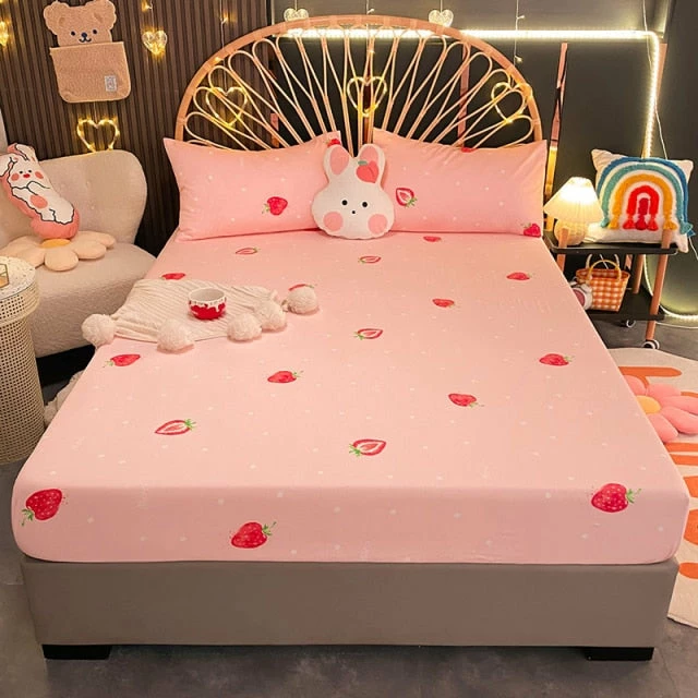 Home Decor Pink Strawberry Polka Dots Cotton Fitted Bedsheet 4 Home Decor Pink Strawberry Polka Dots Cotton Fitted Bedsheet