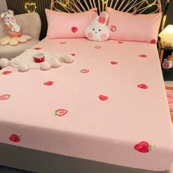 Home Decor Pink Strawberry Polka Dots Cotton Fitted Bedsheet 16 Home Decor Pink Strawberry Polka Dots Cotton Fitted Bedsheet