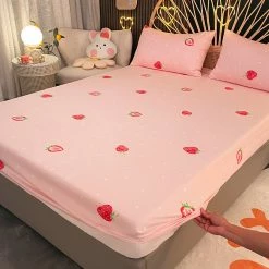 Home Decor Pink Strawberry Polka Dots Cotton Fitted Bedsheet 17 Home Decor Pink Strawberry Polka Dots Cotton Fitted Bedsheet