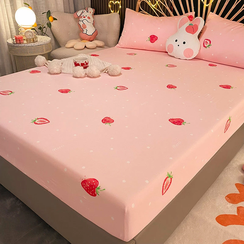 Home Decor Pink Strawberry Polka Dots Cotton Fitted Bedsheet 10 Home Decor Pink Strawberry Polka Dots Cotton Fitted Bedsheet