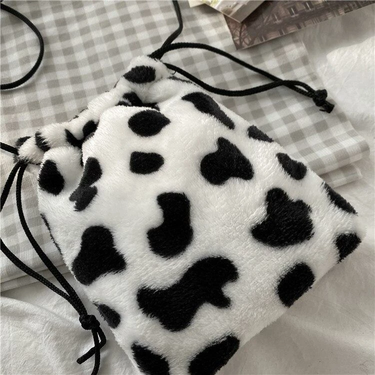 Apparel Plush Cow Print Drawstring Bag 8 Apparel Plush Cow Print Drawstring Bag