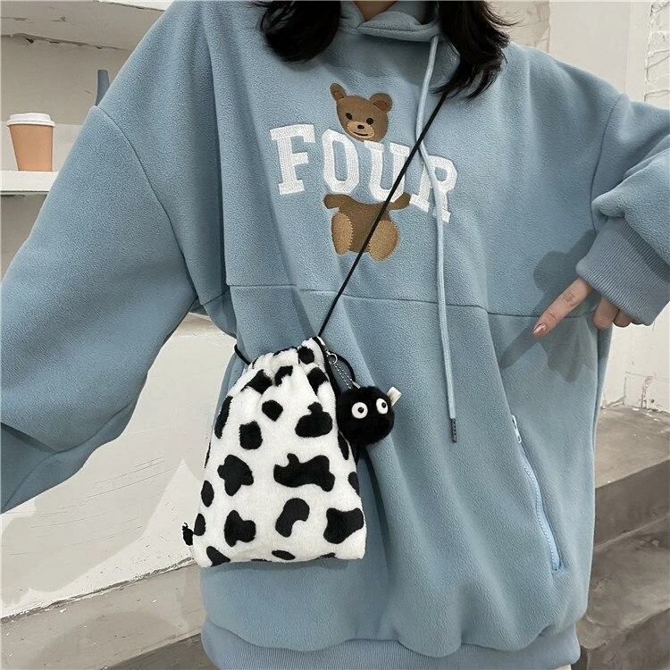 Apparel Plush Cow Print Drawstring Bag 13 Apparel Plush Cow Print Drawstring Bag