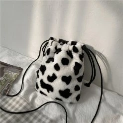 Apparel Plush Cow Print Drawstring Bag