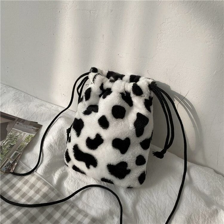 Apparel Plush Cow Print Drawstring Bag 3 Apparel Plush Cow Print Drawstring Bag