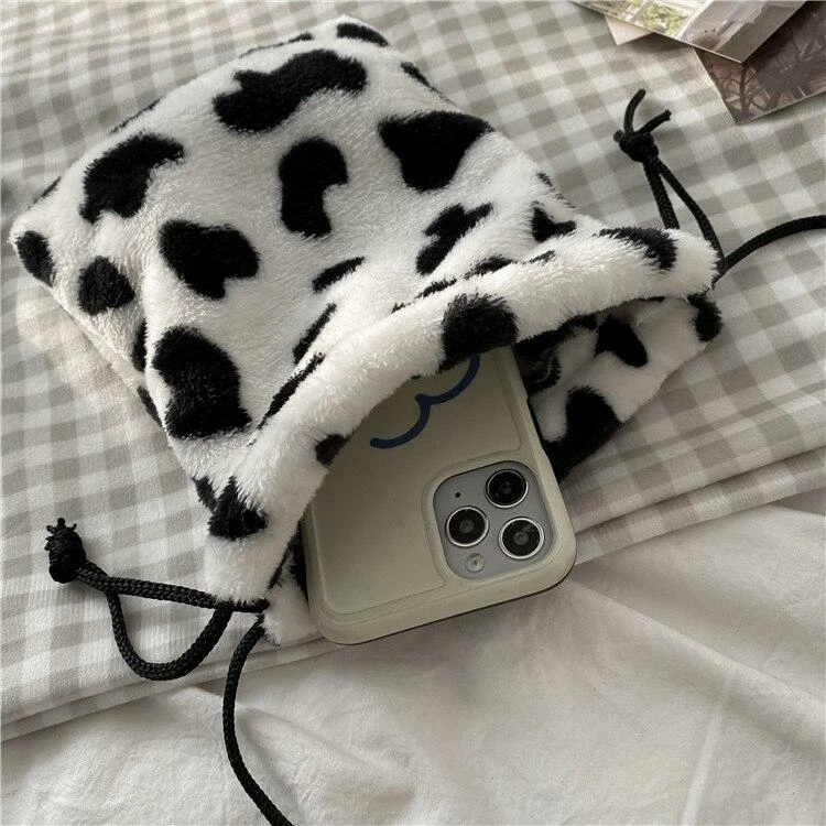 Apparel Plush Cow Print Drawstring Bag 12 Apparel Plush Cow Print Drawstring Bag