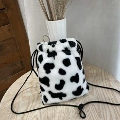 Apparel Plush Cow Print Drawstring Bag