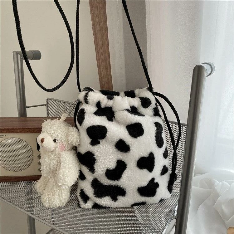 Apparel Plush Cow Print Drawstring Bag 5 Apparel Plush Cow Print Drawstring Bag