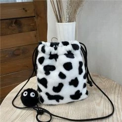 Apparel Plush Cow Print Drawstring Bag