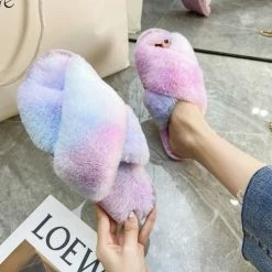 Apparel Rainbow Criss Cross Plush Slippers