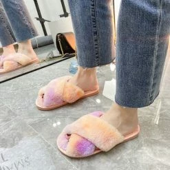 Apparel Rainbow Criss Cross Plush Slippers