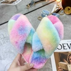 Apparel Rainbow Criss Cross Plush Slippers