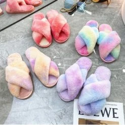 Apparel Rainbow Criss Cross Plush Slippers