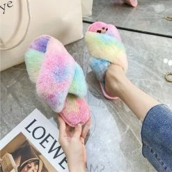 Apparel Rainbow Criss Cross Plush Slippers
