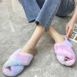 Apparel Rainbow Criss Cross Plush Slippers
