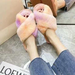 Apparel Rainbow Criss Cross Plush Slippers