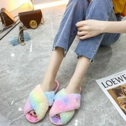 Apparel Rainbow Criss Cross Plush Slippers