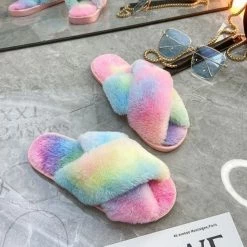 Apparel Rainbow Criss Cross Plush Slippers