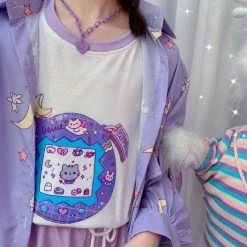 Apparel Sailor Moon Print Button Up Long Sleeve Oversized Shirt