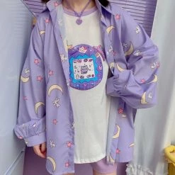 Apparel Sailor Moon Print Button Up Long Sleeve Oversized Shirt