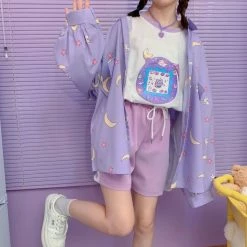 Apparel Sailor Moon Print Button Up Long Sleeve Oversized Shirt