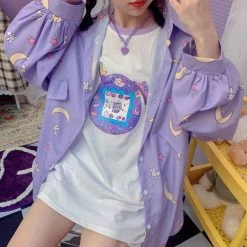 Apparel Sailor Moon Print Button Up Long Sleeve Oversized Shirt