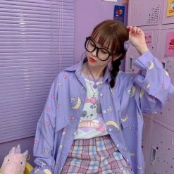 Apparel Sailor Moon Print Button Up Long Sleeve Oversized Shirt