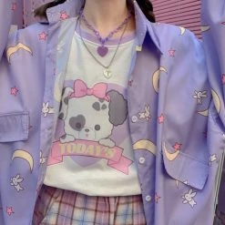 Apparel Sailor Moon Print Button Up Long Sleeve Oversized Shirt