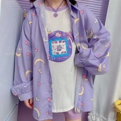 Apparel Sailor Moon Print Button Up Long Sleeve Oversized Shirt